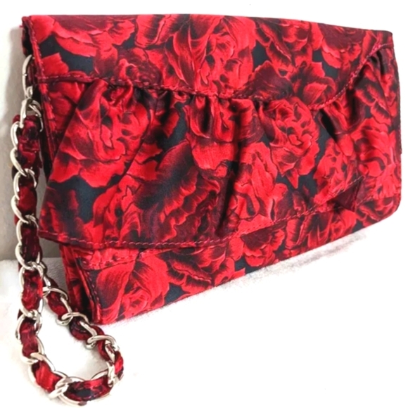 White House Black Market Satin Ruffle Rose Clutch Cocktail Purse - Picture 2 of 9